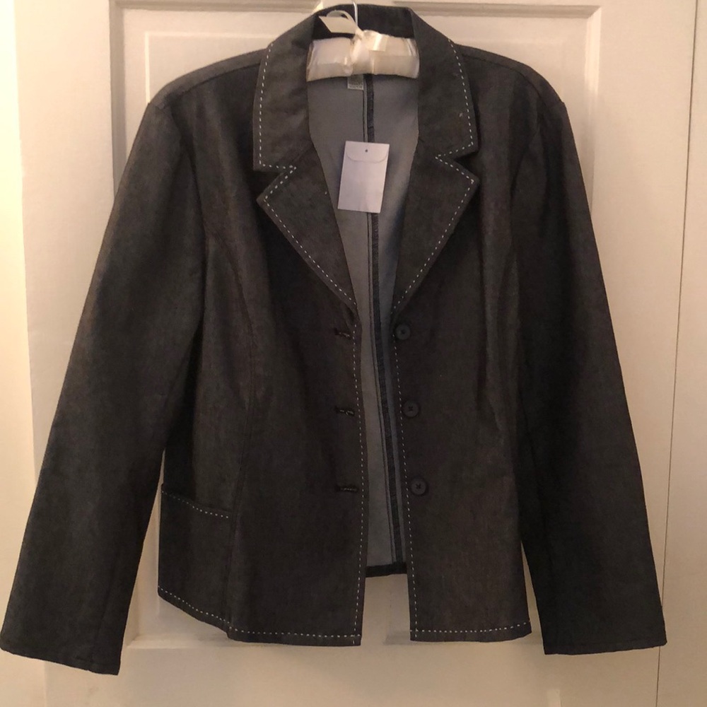 New Talbots denim blazer jacket black gray with white stitching, Size 16